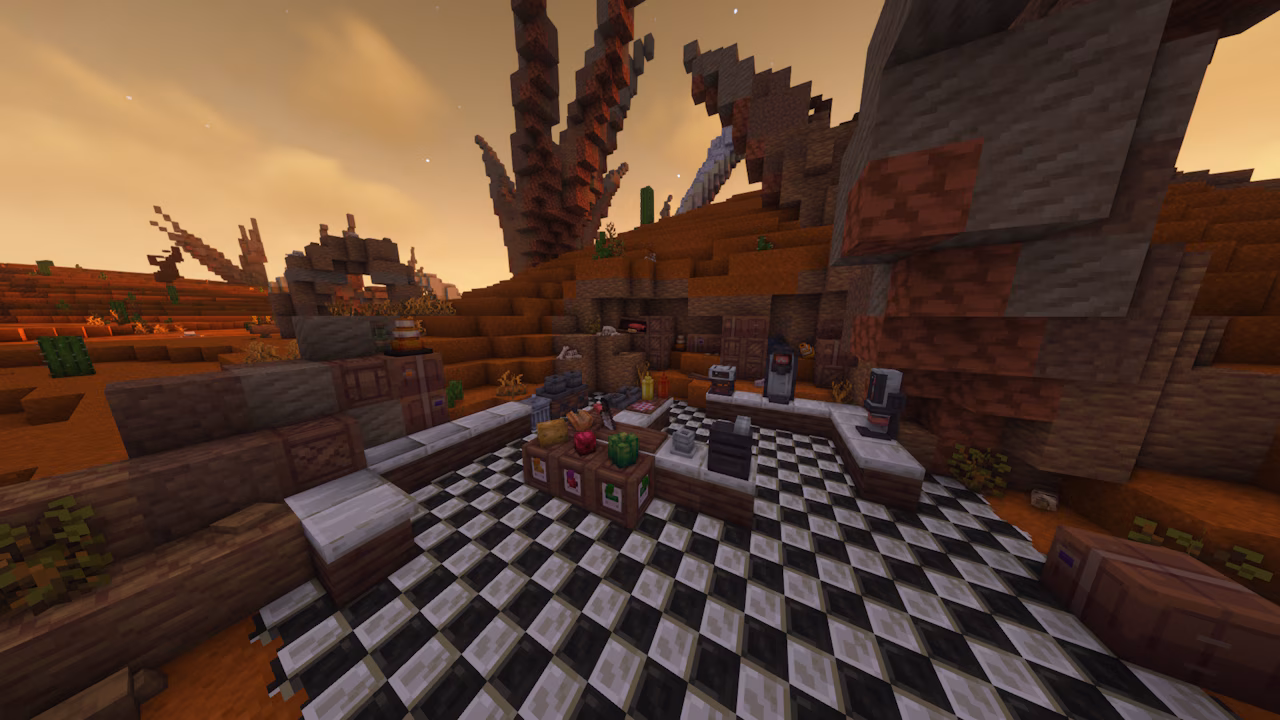 A Minecraft screenshot depiciting an outdoor kitchen in a barren landscape.