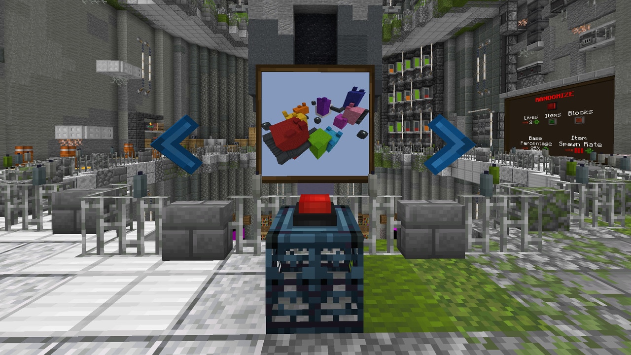 A Minecraft screenshot depicting a console with a red button on it, as well as a screen with a puzzle game on the monitor.