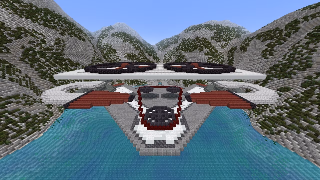 A Minecraft screenshot depicting some kind of airplane with large propellers on top of it.