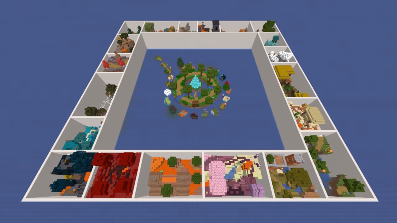 A top-down view of a Minecraft parkour world, with all its different biomes and stages.