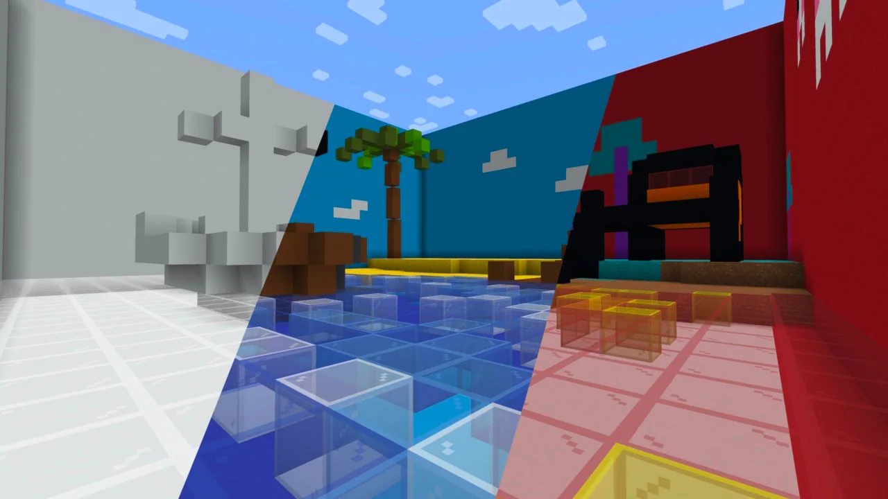 A Minecraft screenshot depicting an area divided into three different layers with variying types of biomes.