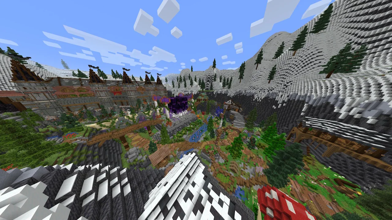 A Minecraft world, depicting a castle surrounded by snowy mountains.
