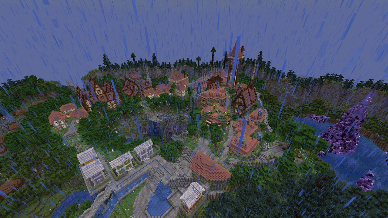 A Minecraft town seen from above. Rain is pouring down over it.