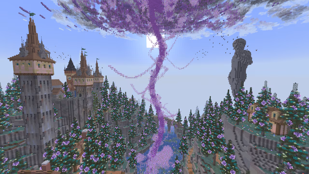A screenshot in Minecraft, depicting an abstract phenomena that looks like a purple crystal tornado.