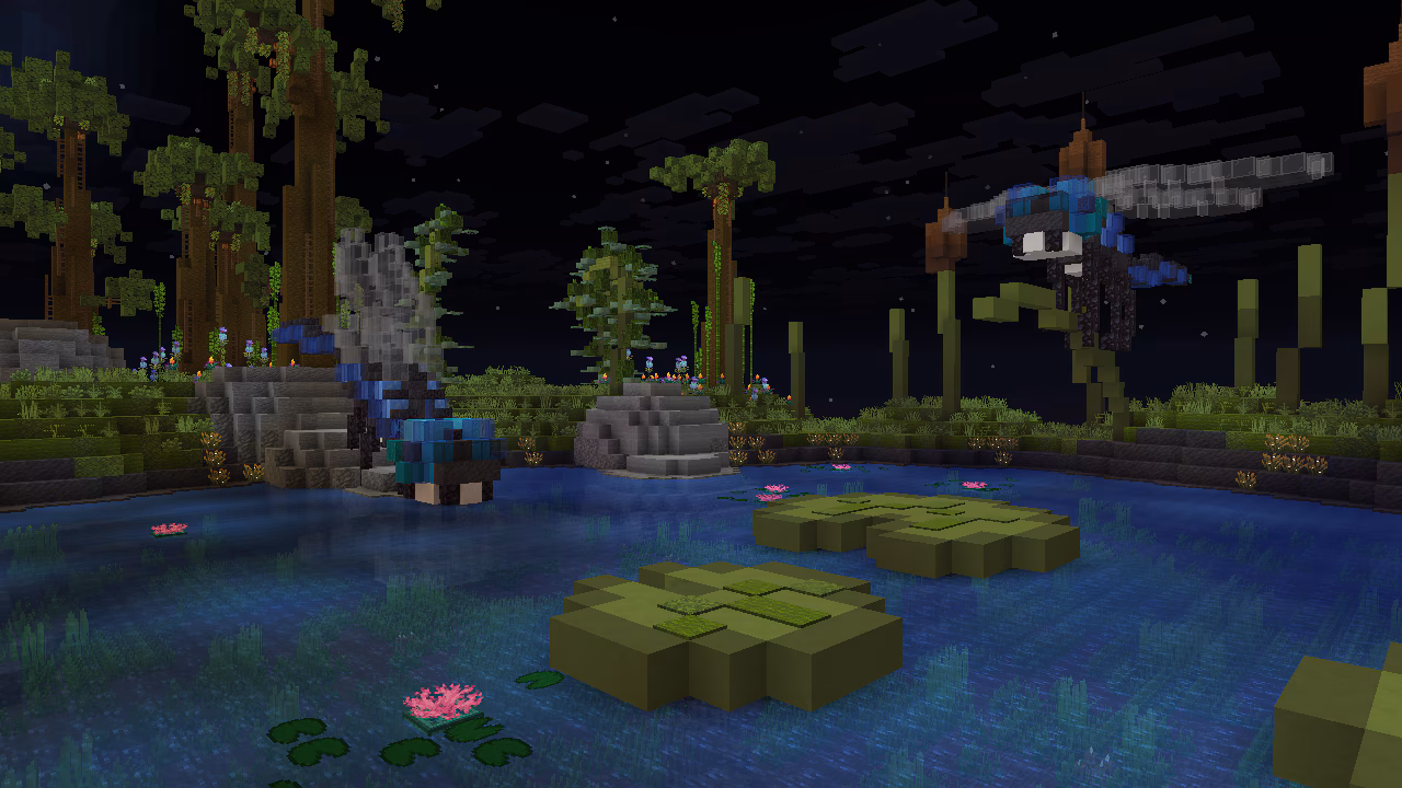 A screenshot in Minecraft, depicting a pond at night.
