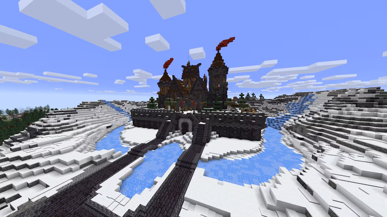 A screenshot in Minecraft, depicting a black castle standing in a wintery landscape.