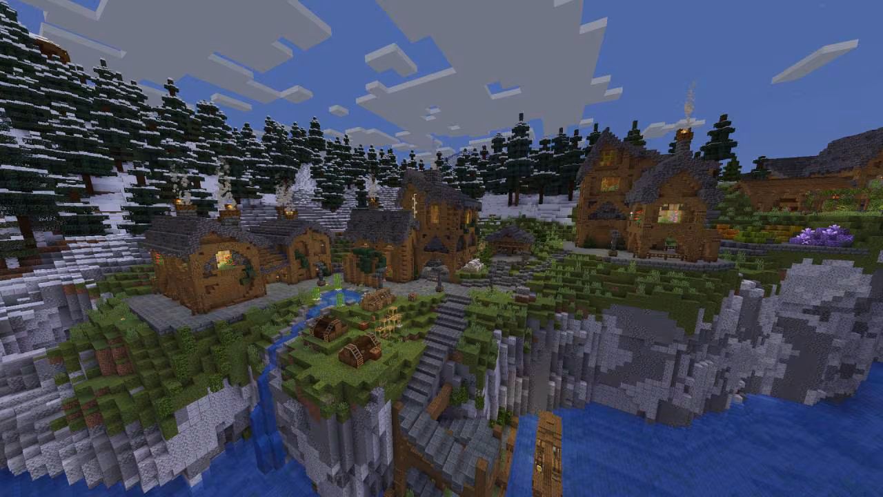 A screenshot in Minecraft, depicting a small, cozy town during winter.