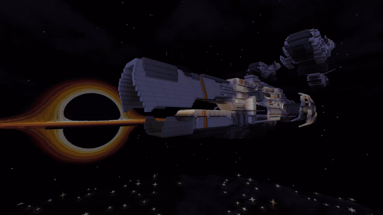 A Minecraft screenshot, depicting a larger spaceship drifting through dark space, with a black hole in the background.
