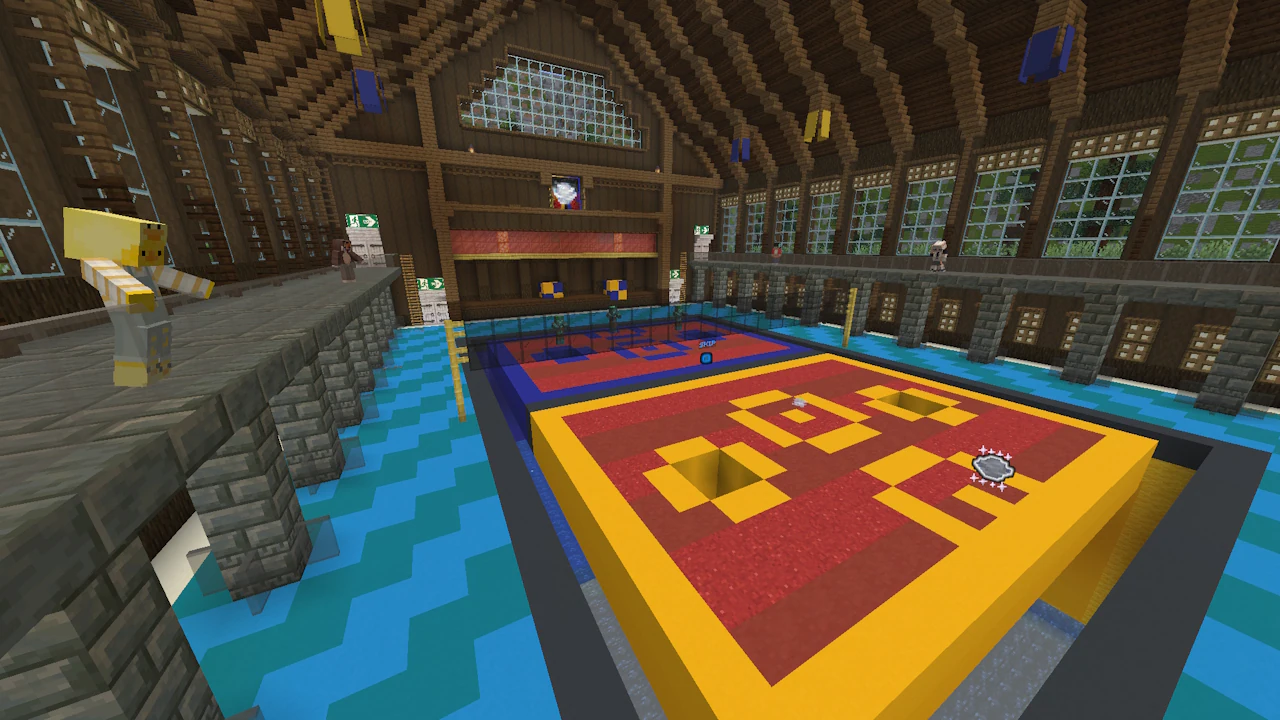 A Minecraft screenshot, depicting a mini-game. It's a large room, with players standing on the edges around it.
