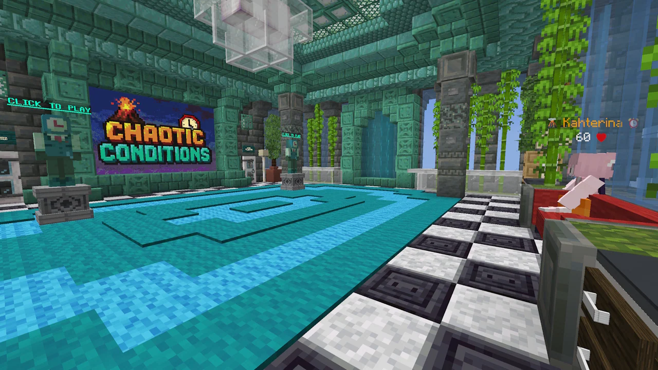 A screenshot in Minecraft, depicting a mini-game lobby with aquatic an theme.