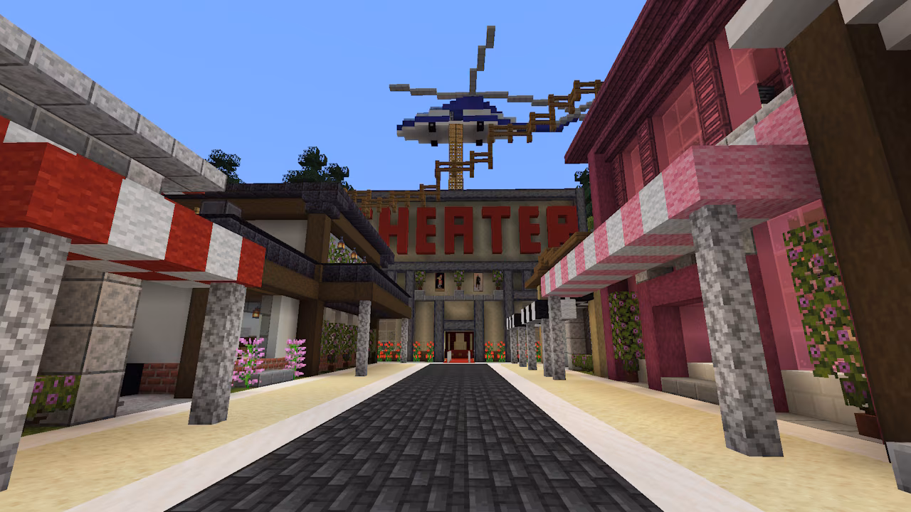 A screenshot in Minecraft, depicting a helicopter hovering over a building.