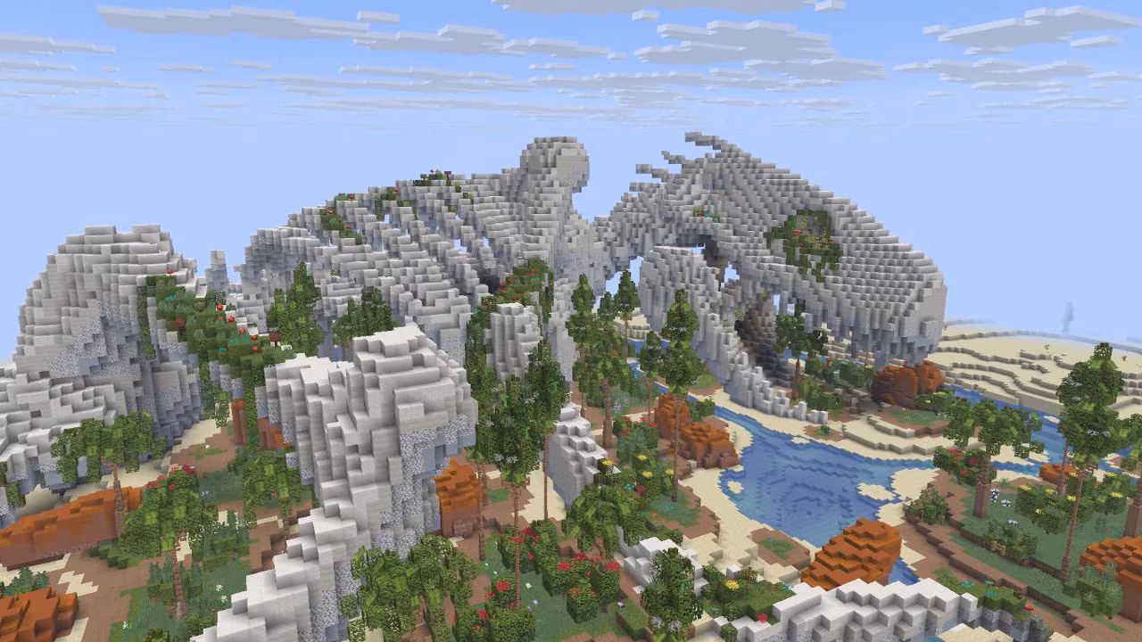 A screenshot in Minecraft, depicting a gigantic skeleton of what looks to be a dinosaur or reptile.