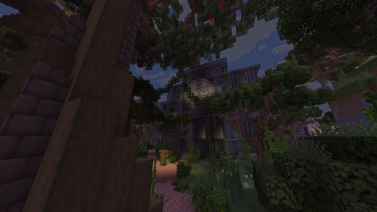 A screenshot in Minecraft, depicting a building in a dense forest.