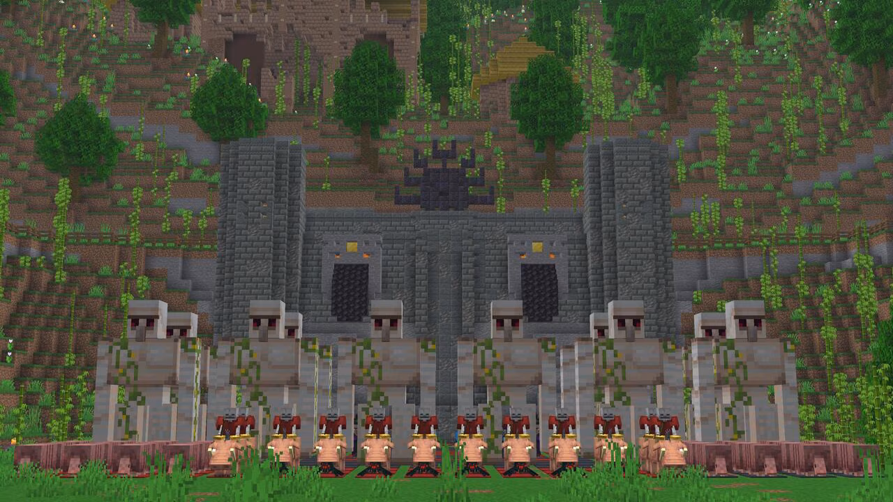 Stone fortress with iron golems guarding a jungle ruin.