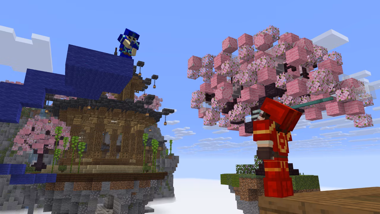 Floating pagoda islands with cherry trees and players dueling.