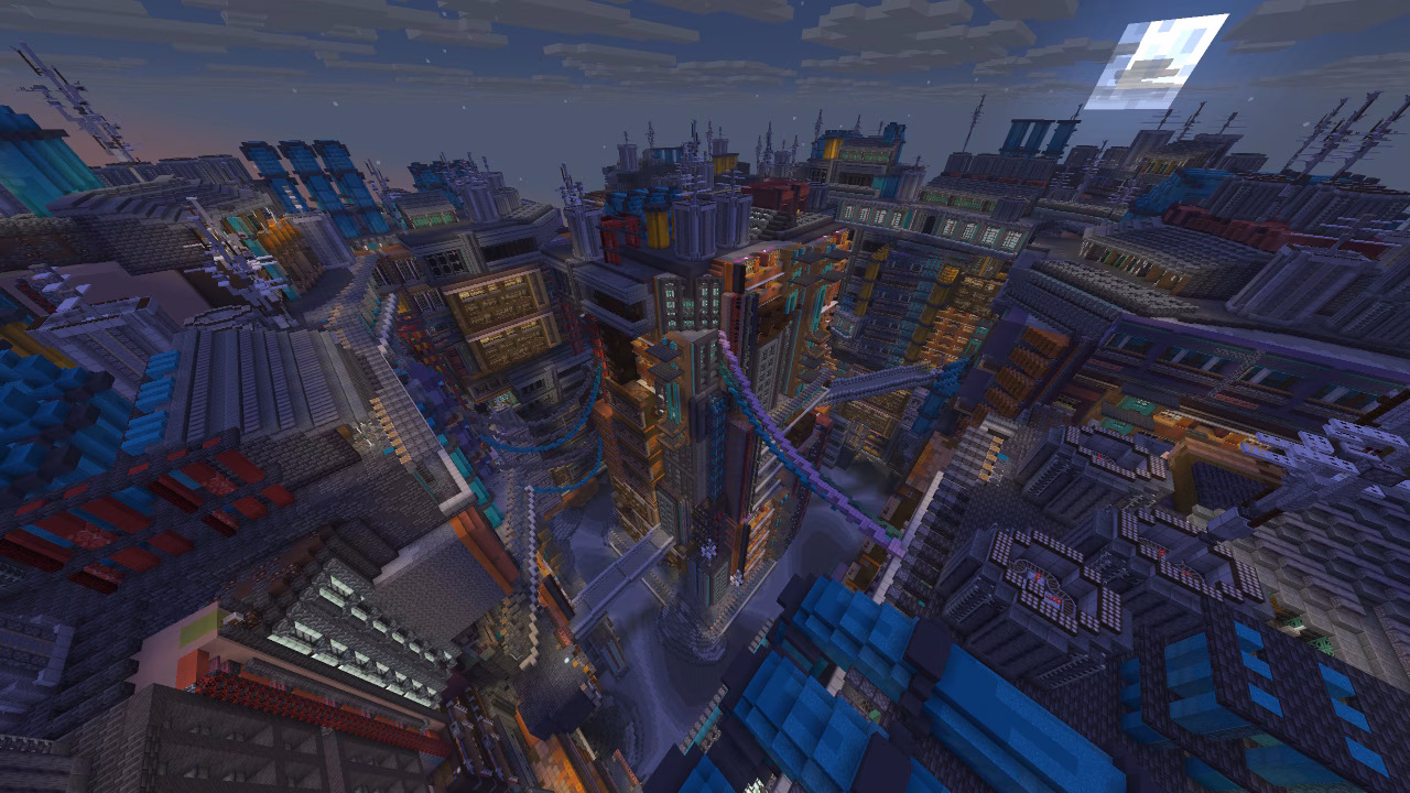 Futuristic neon city with dense skyscrapers at dusk.