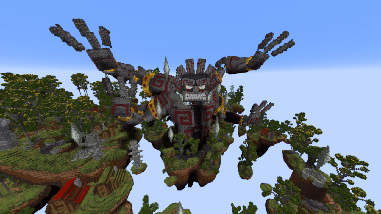 Giant stone guardian over floating jungle islands.
