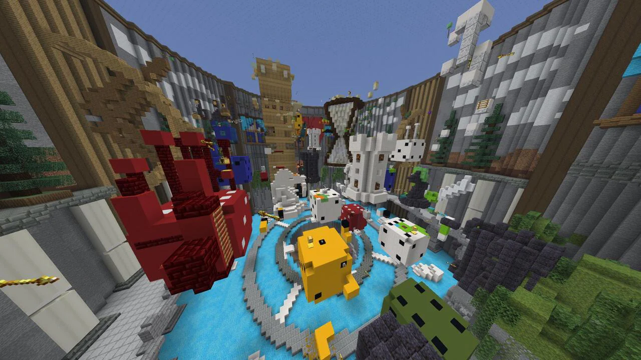 A colorful Minecraft parkour arena filled with oversized dice, chess pieces, hourglasses, and game-inspired structures inside a large walled courtyard.