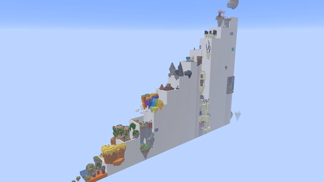 A towering staircase-shaped parkour course rises into the sky, with themed floating environments and platforms built into its steep white walls.