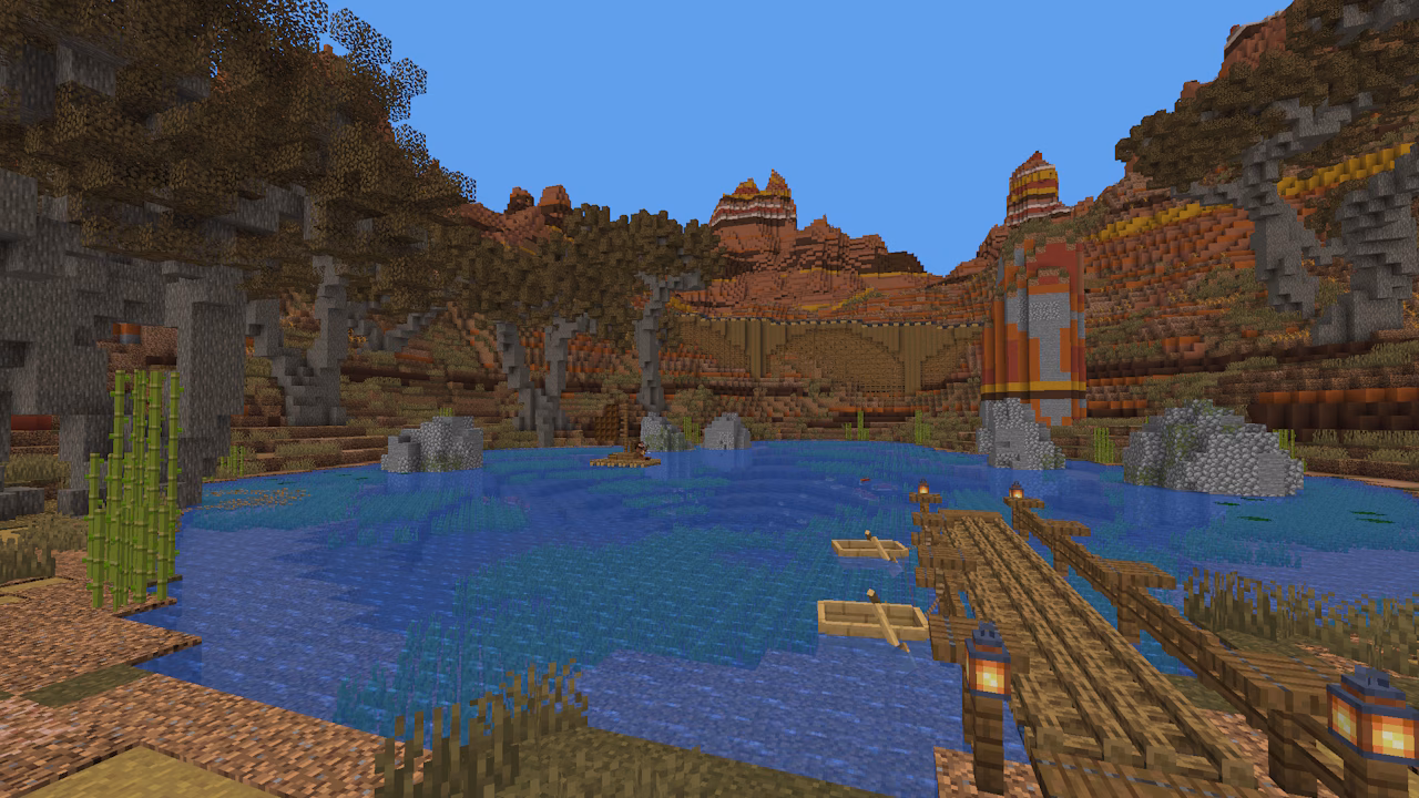 A peaceful oasis with clear blue water, docks, and small boats rests among rugged canyon cliffs and desert vegetation.