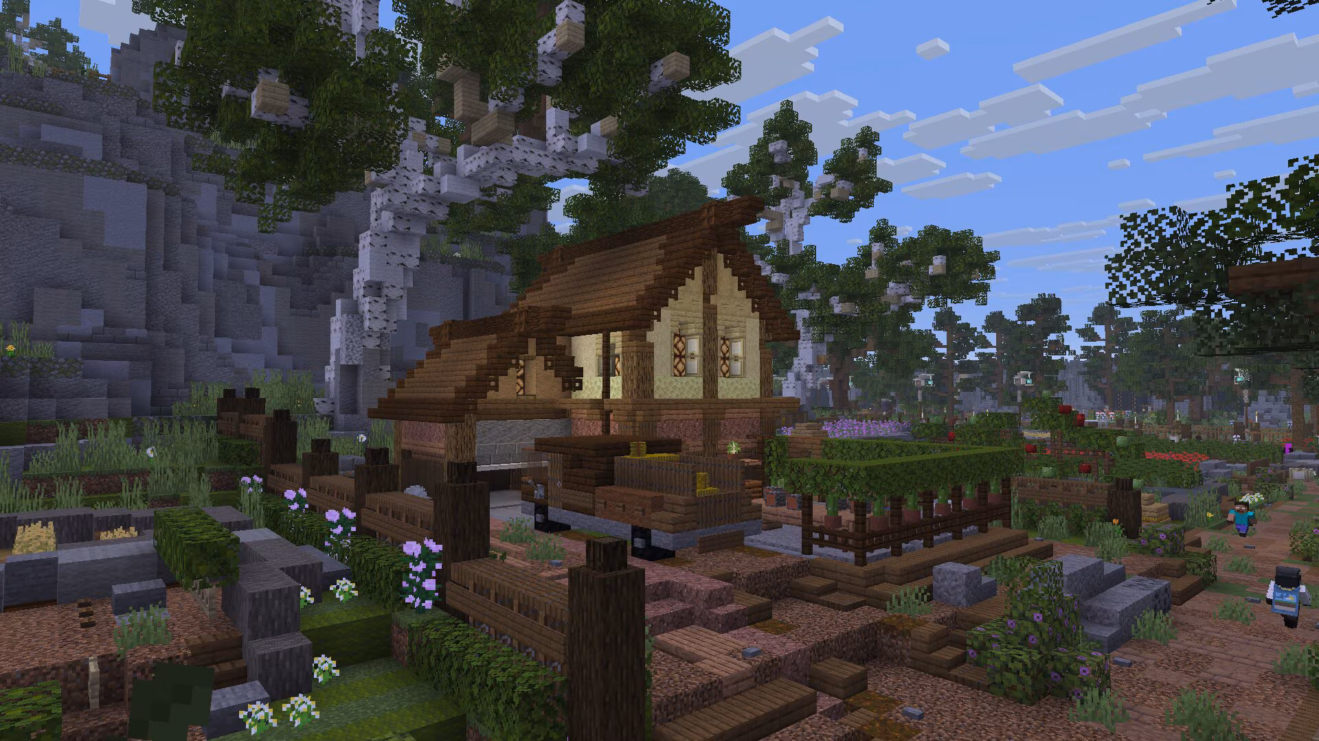 A cozy wooden cottage sits among birch trees, gardens, and winding paths in a peaceful village surrounded by forested hills.