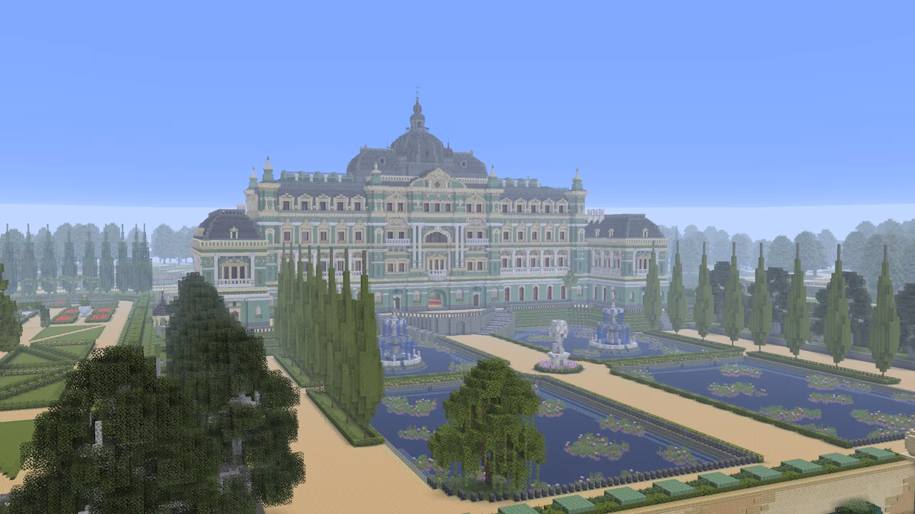 An ornate palace with green rooftops overlooks symmetrical gardens, fountains, and tree-lined pathways in a grand estate landscape.