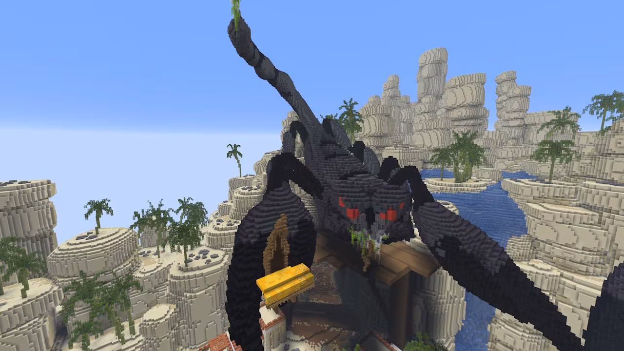 A giant black scorpion with glowing red eyes towers above a desert canyon filled with sandstone cliffs, palm trees, and winding waterways.