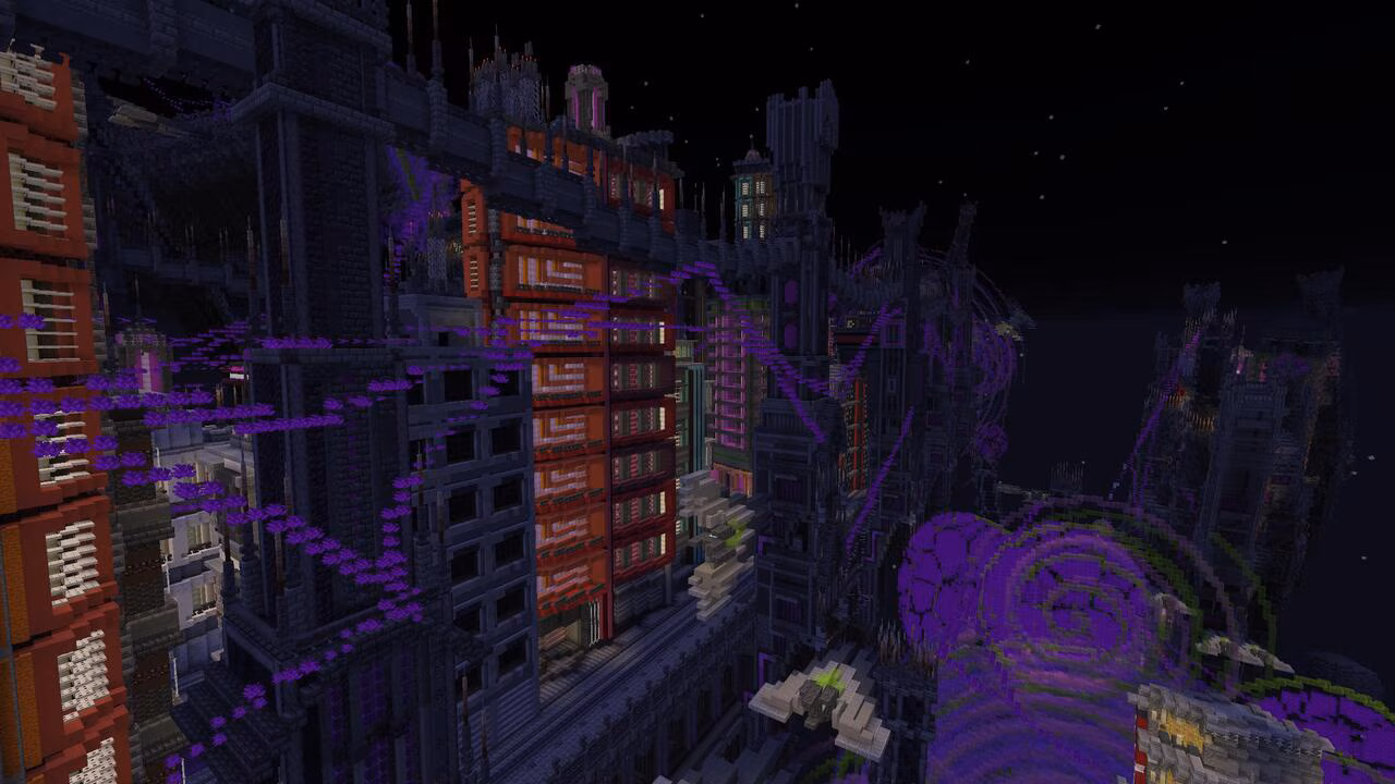 A futuristic city of towering dark skyscrapers glows with purple energy, with illuminated pathways weaving between buildings under a night sky.