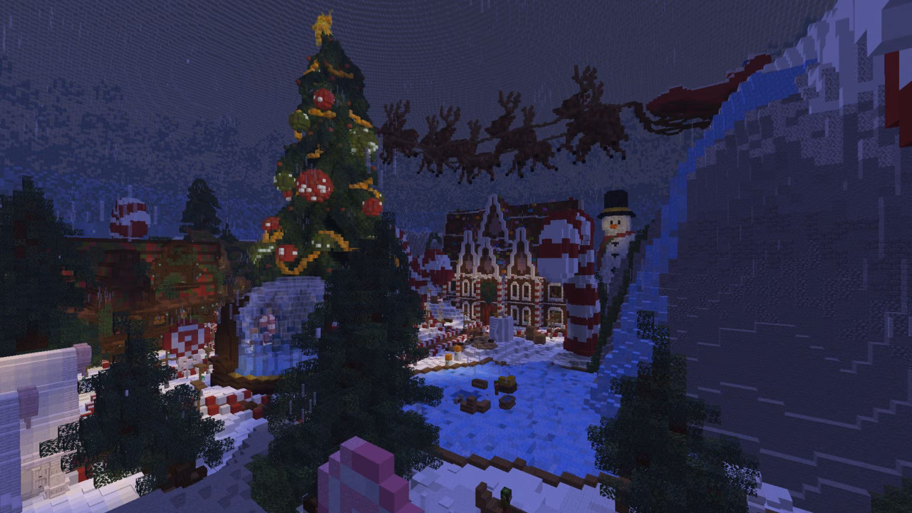 A festive winter village features a towering decorated tree, candy-themed buildings, snow-covered streets, and Santa's sleigh flying overhead.