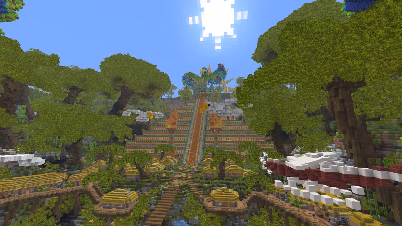 A massive jungle temple rises above a lush tropical settlement, surrounded by dense trees, colorful structures, and elevated walkways.