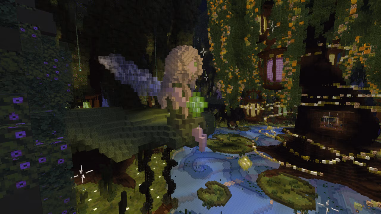 A glowing fairy statue overlooks an enchanted forest filled with hanging lanterns, sparkling lights, vines, and tranquil water features.