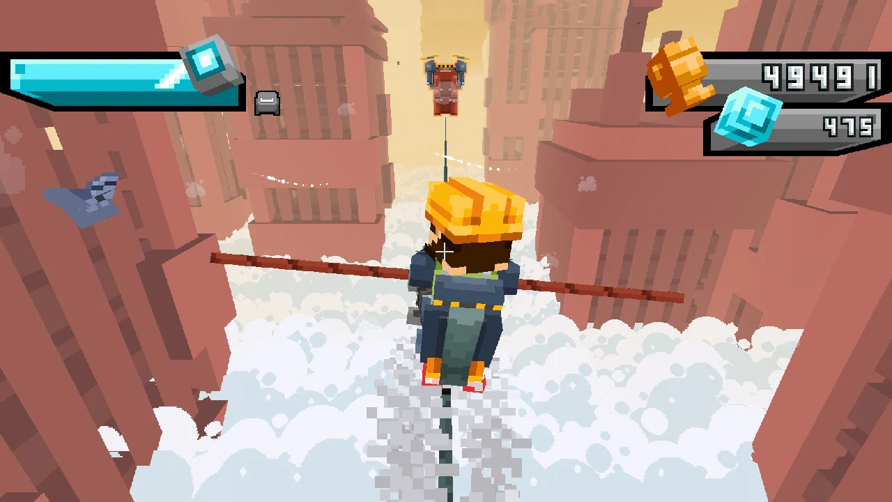 A flying racer navigates skyscraper canyon above the clouds.