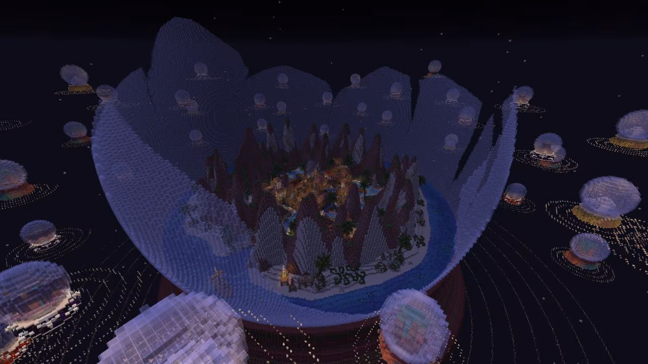 A glowing settlement inside a shattered sphere in space.