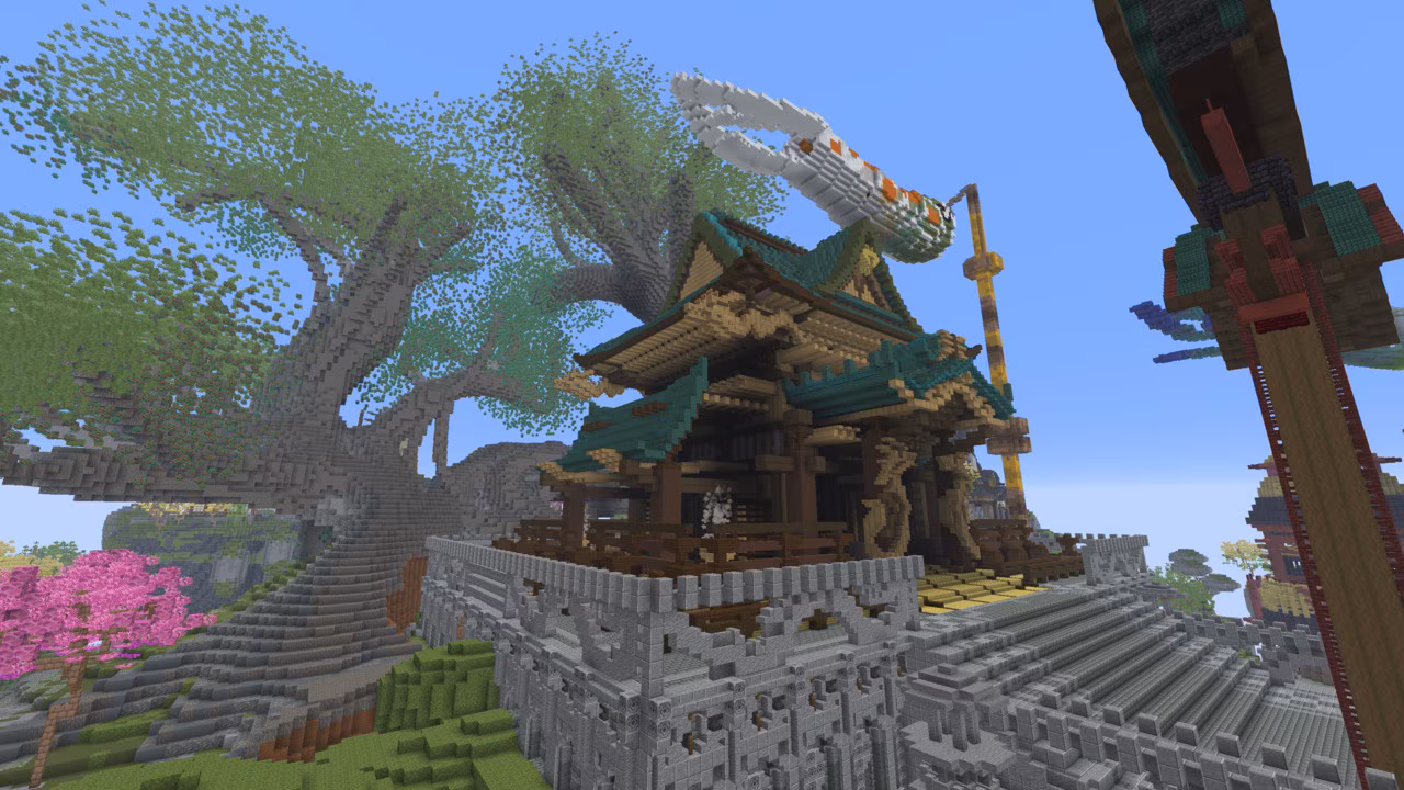 An ornate temple beneath a massive tree and airship