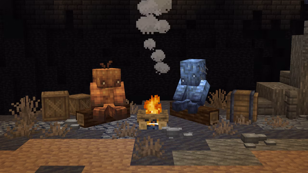 Two players sitting in front of a campfire.