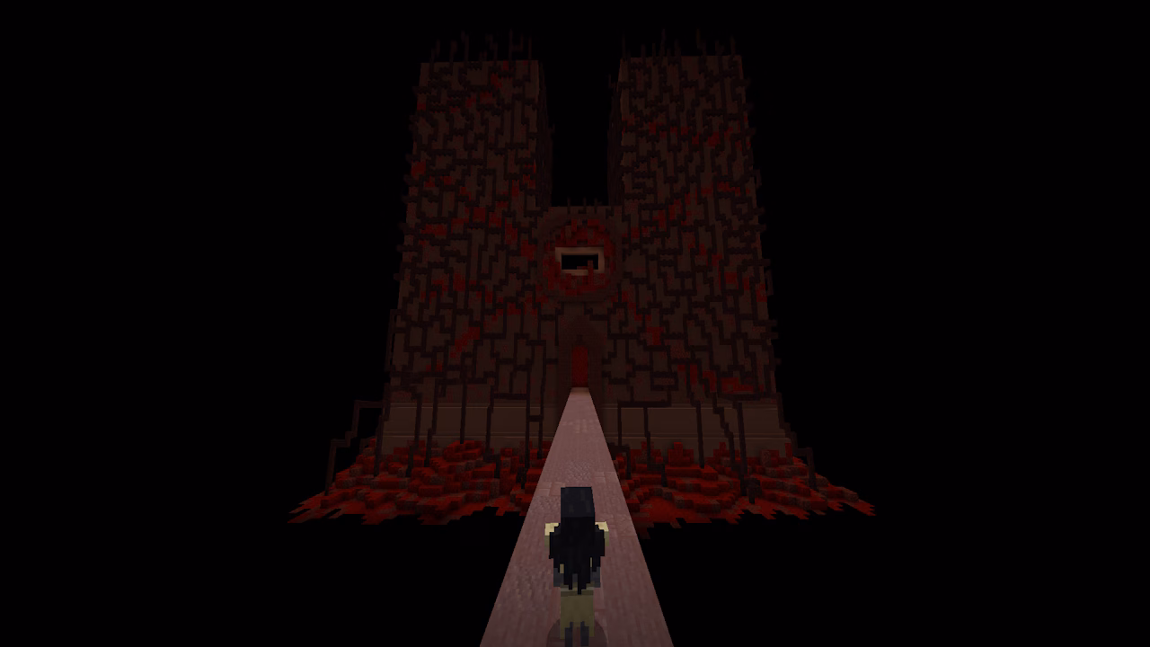 A player walking along a very long bridge in Minecraft.