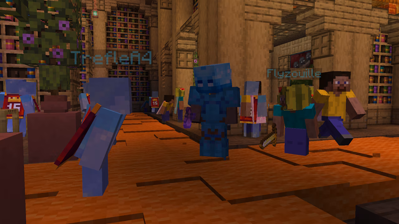 A group of players standing in a Minecraft lobby resembling a library