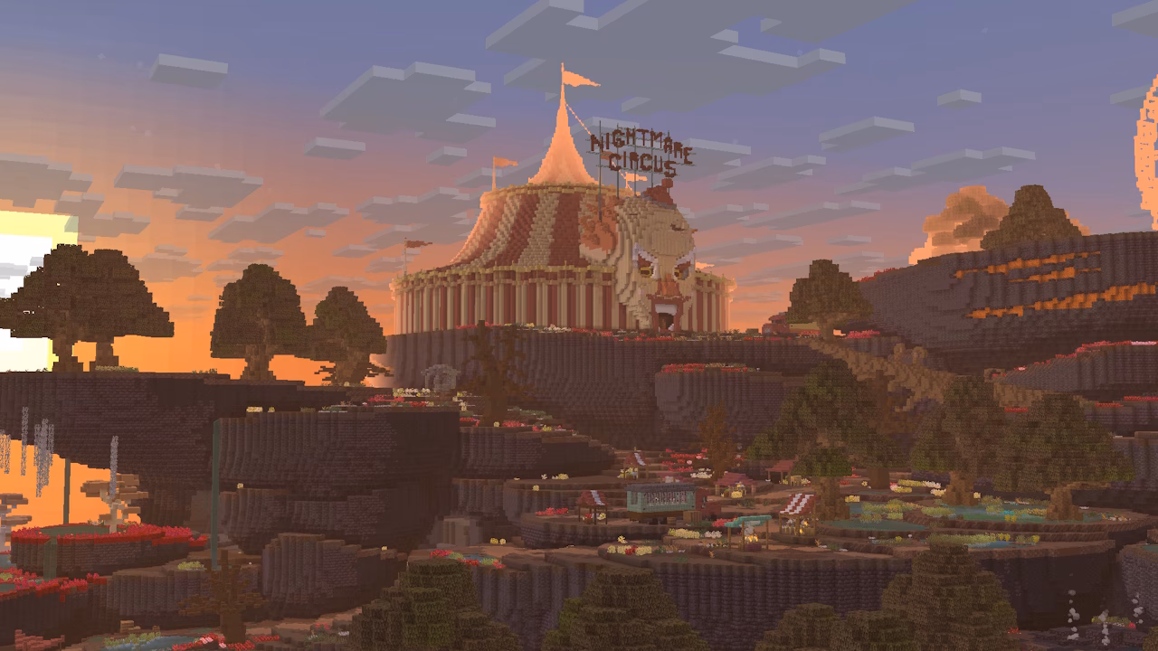 A landscape in Minecraft during sunset, with a scary-looking circus tent standing on top of a hill.