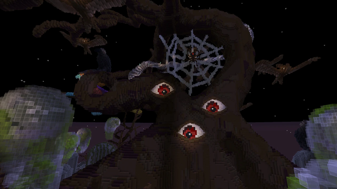 A Minecraft screenshot depicting a tree with three scary eyes and a cobweb