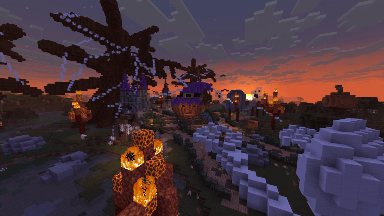 A Minecraft screenshot depicting a landscape full of Halloween-themed features.