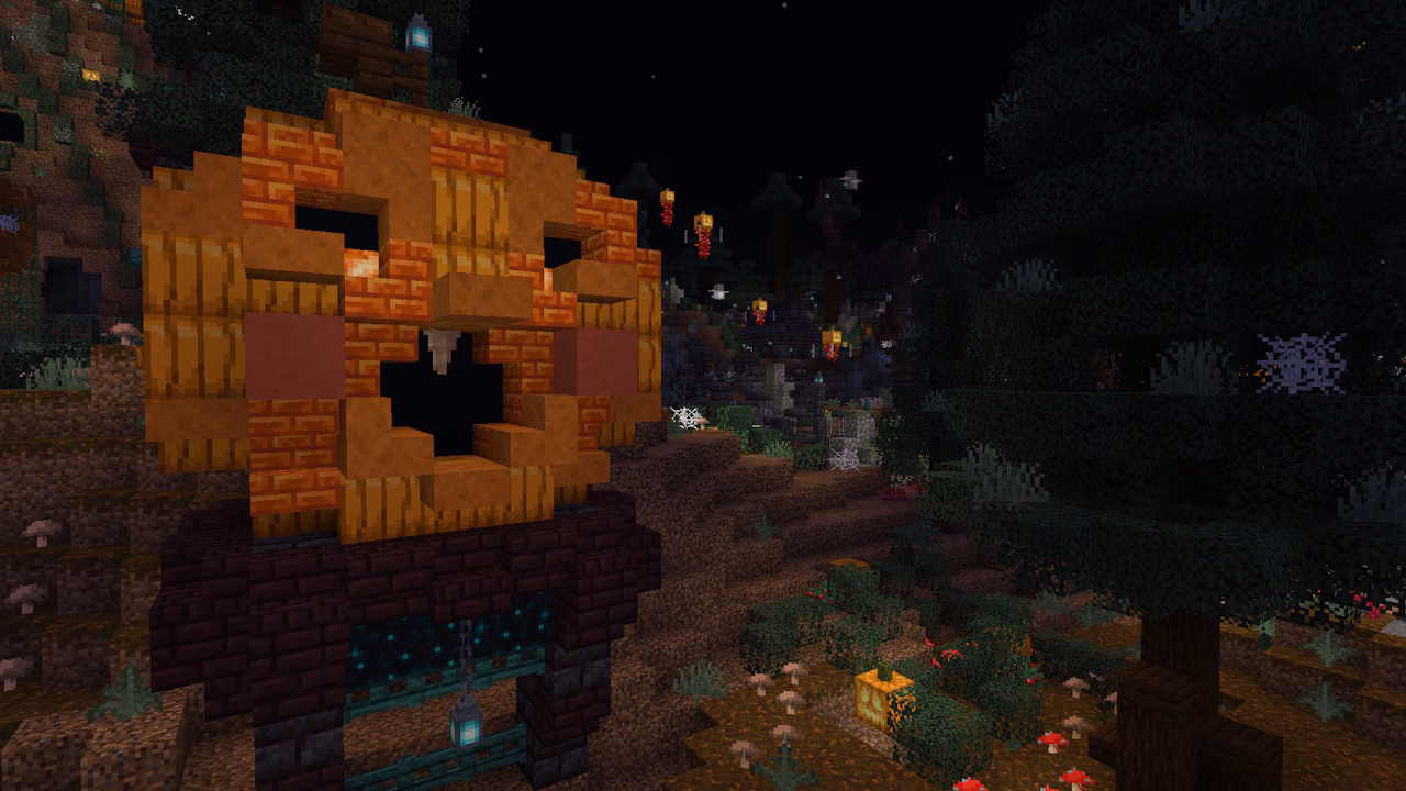 A Minecraft build in the form of a carved pumpkin.