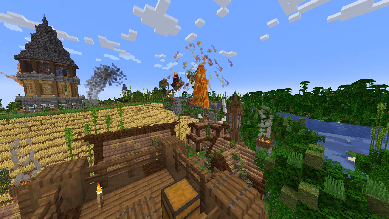 A screenshot depicting an eruption outside a village.