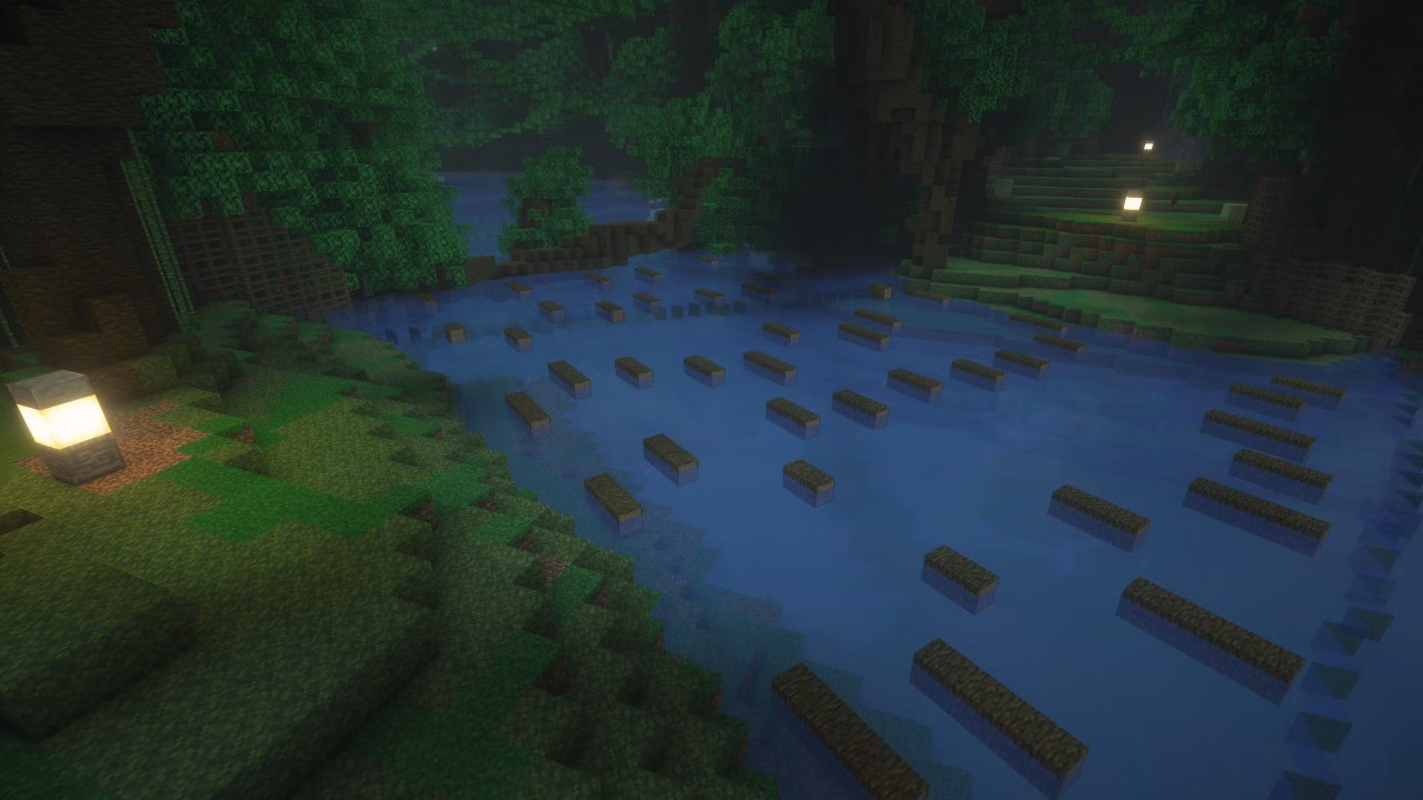 A screenshot of a Java Realms map depicting logs floating down a river.