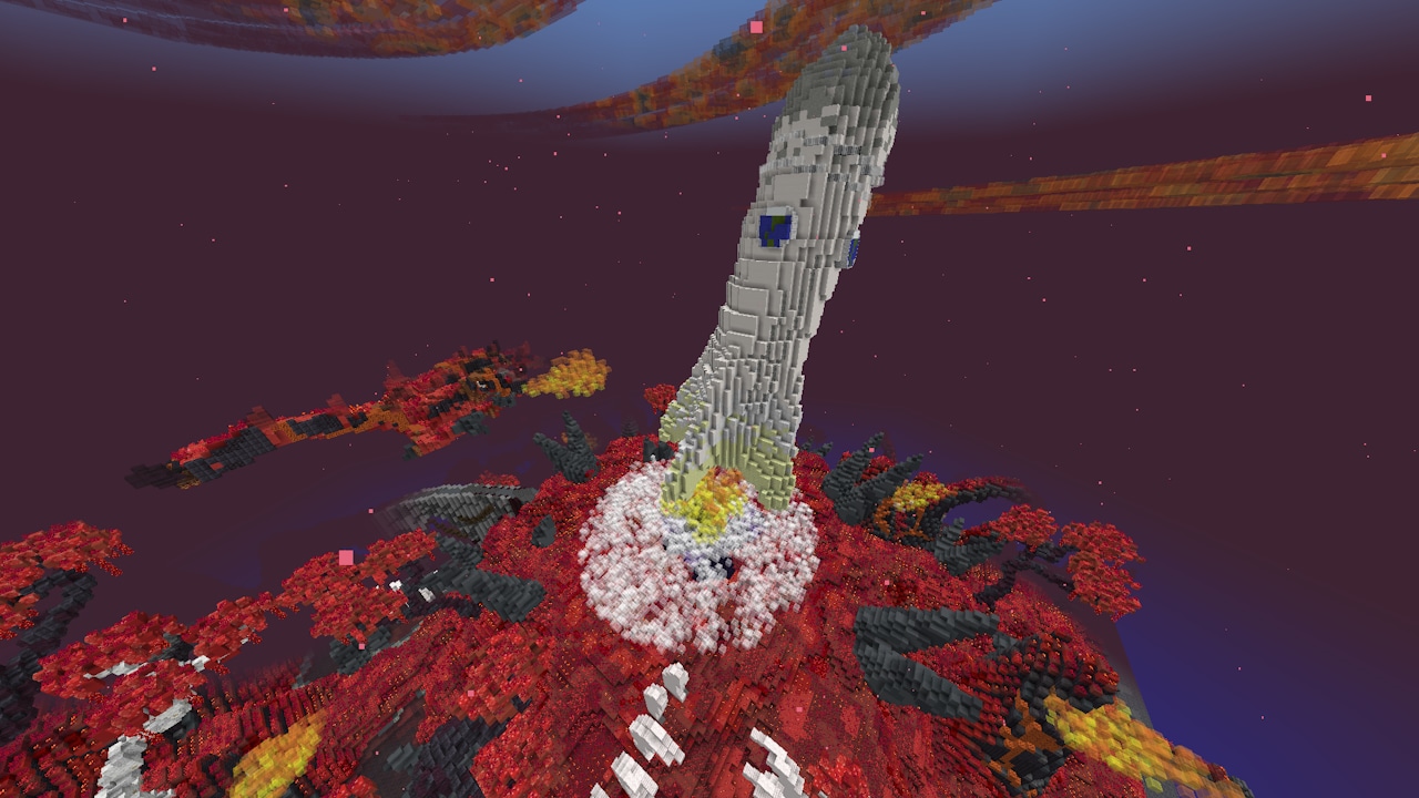 A screenshot of a Java Realms map depicting a rocket ship on a red field.