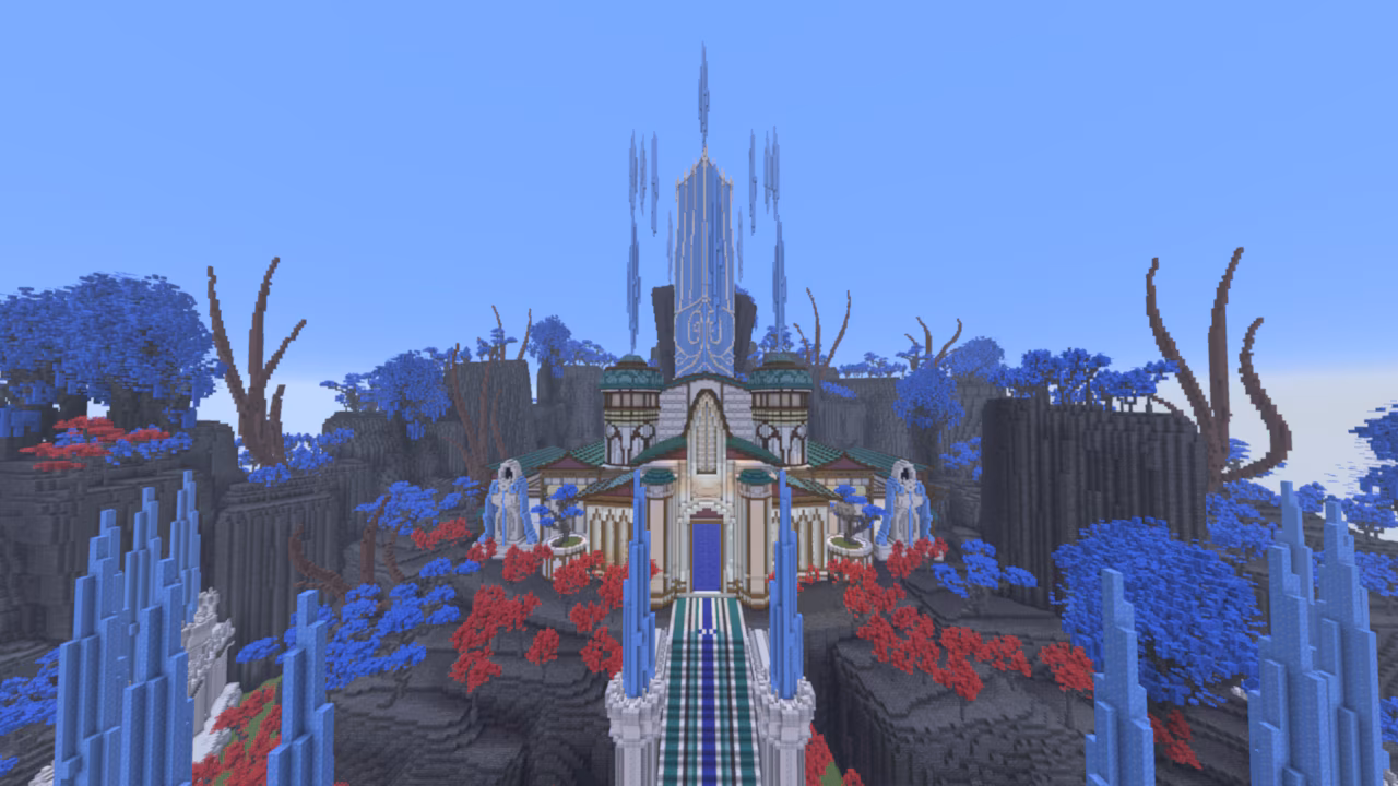 A grand palace surrounded by blue forests and crystal formations