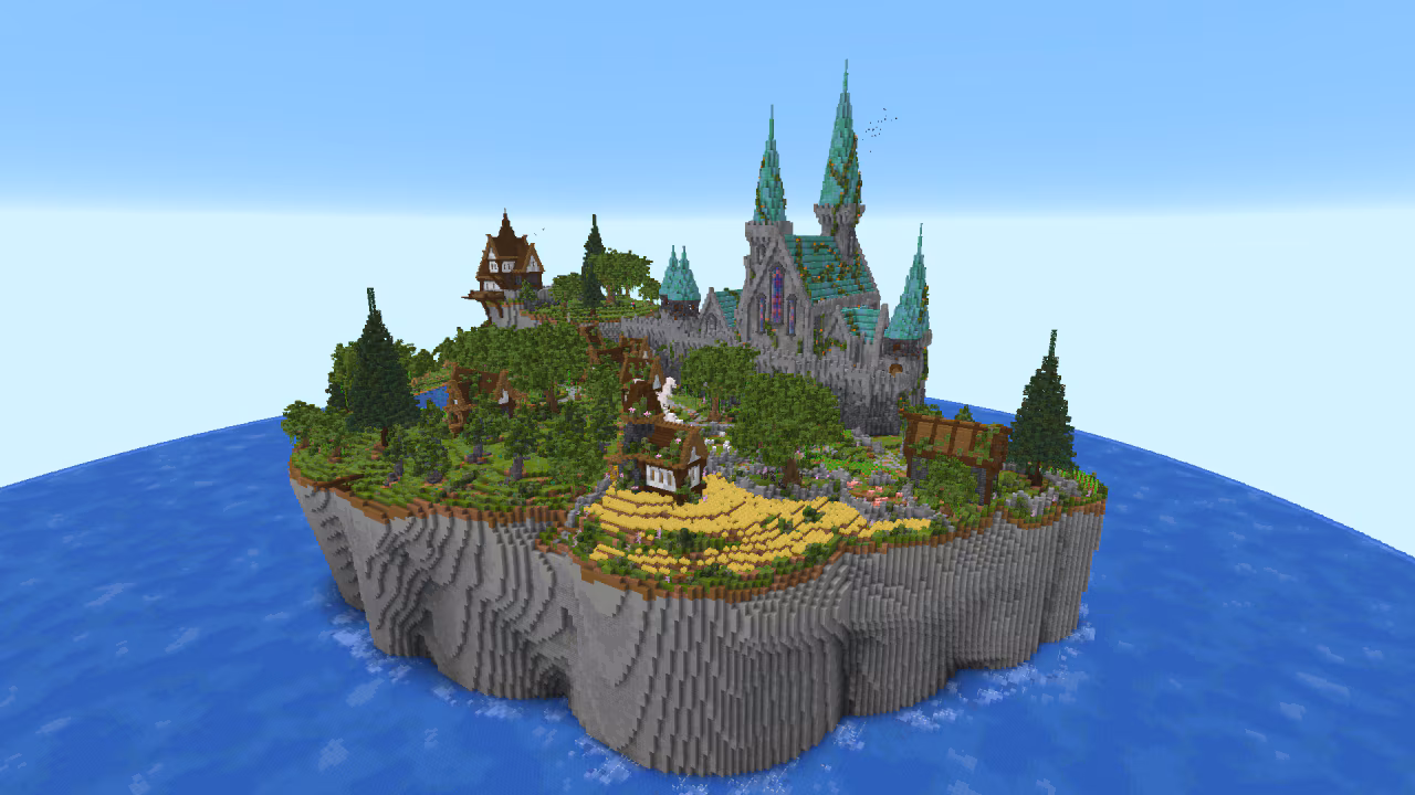 A volcanic island with a giant board game entrance sits surrounded by tropical waters and ships.