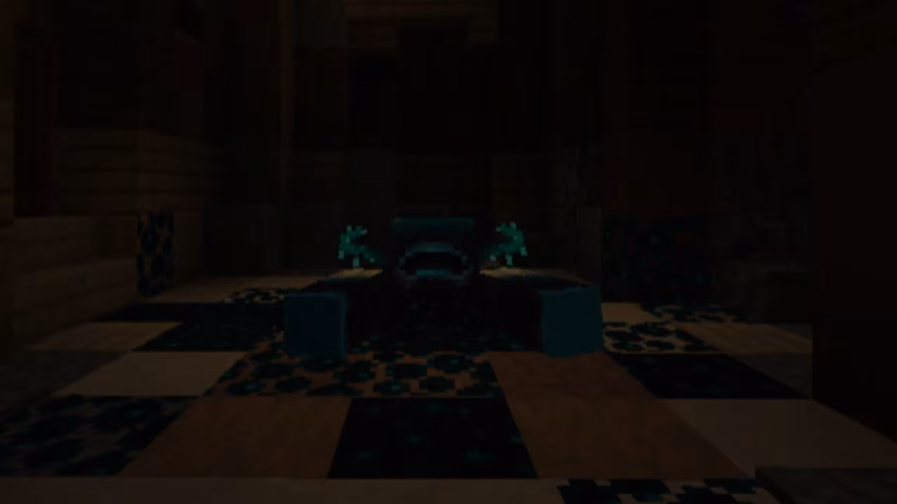 A Warden emerges from a dark, eerie hotel interior lit only by faint glowing blocks.