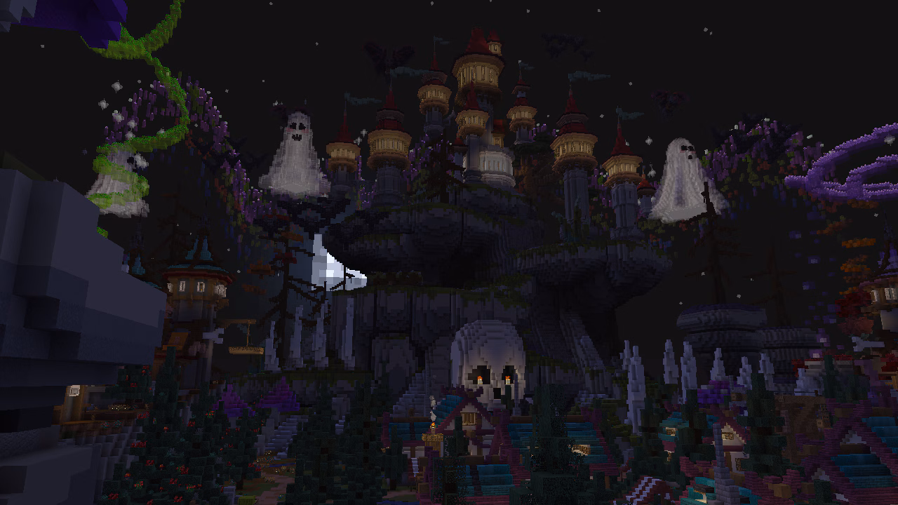 A haunted castle looms above a ghost-filled landscape with floating spirits and glowing pathways.
