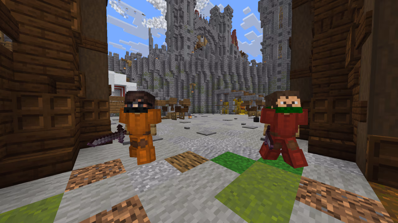 Two Minecraft players stand at a fortress entrance, ready for battle in a castle-themed arena.