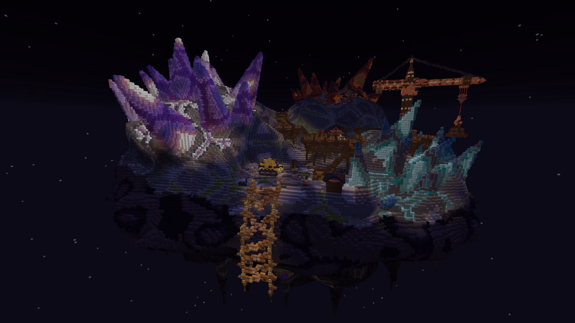 A floating mining outpost surrounded by massive glowing crystal formations.